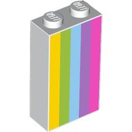 Visuel indicatif Rebrickable de Brique 1 x 2 x 3 avec motif imprimé jaune, vert citron, moyen azur, lavande moyen et rose foncé (Brick 1 x 2 x 3 with Yellow, Lime, Medium Azure, Medium Lavender, and Dark Pink Stripes Print)