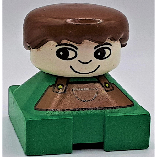 Visuel indicatif Rebrickable de Duplo 2 x 2 x 2 figurine brique, tête blanche, franges épineuses, cheveux bruns, motif imprimé de salopettes brunes (Duplo 2 x 2 x 2 Figure Brick, White Head, Spiky Bangs, Brown Hair, Brown Dungarees Print)