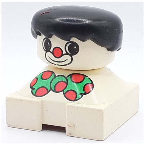Visuel indicatif Rebrickable de Duplo 2 x 2 x 2 figurine brique, frange épineuse, cheveux noirs, clown maquillage, noeud papillon vert avec des points rouges, le nez rouge motif imprimé (Duplo 2 x 2 x 2 Figure Brick, Spiky Bangs, Black Hair, Clown Make-up, Green Bow Tie with Red Dots, Red Nose Print)
