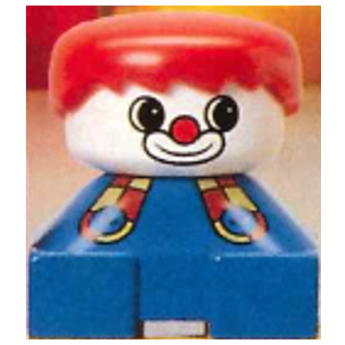 Visuel indicatif Rebrickable de Duplo 2 x 2 x 2 figurine brique, frange épineuse, cheveux roux, clown maquillage, avec des bretelles de bouton motif imprimé (Duplo 2 x 2 x 2 Figure Brick, Spiky Bangs, Red Hair, Clown Make-up, with Button Suspenders Print)