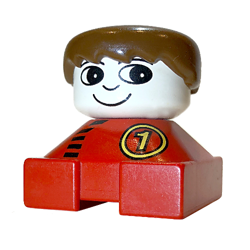 Visuel indicatif Rebrickable de Duplo 2 x 2 x 2 figurine brique, franges épineuses, cheveux bruns, tête blanche, jaune '1' dans le cercle, motif imprimé de fermeture à glissière noir (Duplo 2 x 2 x 2 Figure Brick, Spiky Bangs, Brown Hair, White Head, Yellow '1' in Circle, Black Zipper Print)