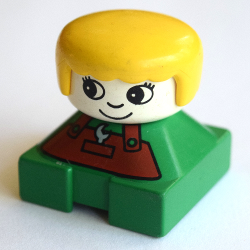 Visuel indicatif Rebrickable de Duplo 2 x 2 x 2 figurine brique, franges arrondies, tête blanche, cheveux jaunes, tablier marron avec clé et poche, yeux ronds et cils motif imprimé (Duplo 2 x 2 x 2 Figure Brick, Rounded Bangs, White Head, Yellow Hair, Brown Apron with Spanner and Pocket, Round Eyes and Eyelashes Print)