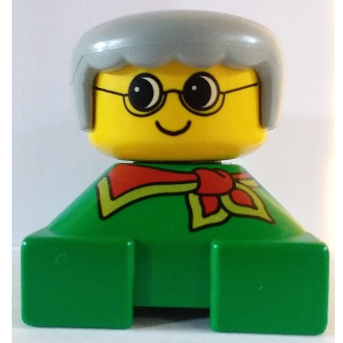 Visuel indicatif Rebrickable de Duplo 2 x 2 x 2 figurine brique, franges arrondies, cheveux gris clair, lunettes, motif imprimé écharpe rouge (Duplo 2 x 2 x 2 Figure Brick, Rounded Bangs, Light Gray Hair, Glasses, Red Scarf Print)