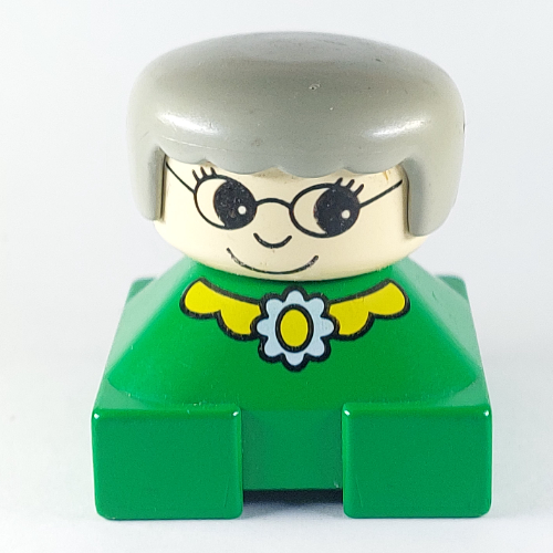 Visuel indicatif Rebrickable de Duplo 2 x 2 x 2 figurine brique, franges arrondies, tête blanche, cheveux gris clair, col jaune et motif imprimé de fleurs (Duplo 2 x 2 x 2 Figure Brick, Rounded Bangs, White Head, Light Gray Hair, Yellow Collar and Flower Print)