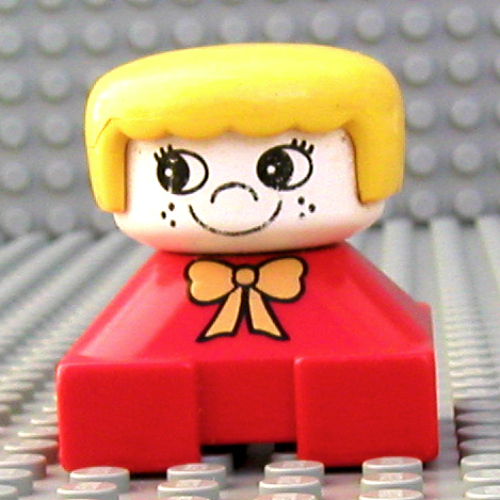 Visuel indicatif Rebrickable de Duplo 2 x 2 x 2 figurine brique, franges arrondies, tête blanche, cheveux jaunes, arc jaune, taches de rousseur motif imprimé (Duplo 2 x 2 x 2 Figure Brick, Rounded Bangs, White Head, Yellow Hair, Yellow Bow, Freckles Print)