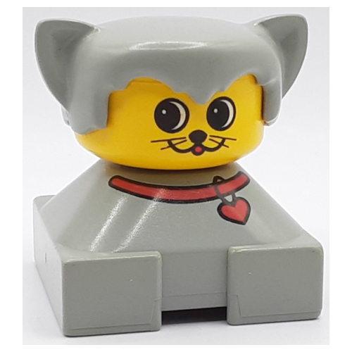 Visuel indicatif Rebrickable de Duplo 2 x 2 x 2 figurine brique, cheveux avec oreilles de chat gris clair, collier rouge, visage jaune avec yeux ronds et 2 moustaches motif imprimé (Duplo 2 x 2 x 2 Figure Brick, Hair with Cat Ears Light Gray, Red Collar, Yellow Face with Round Eyes and 2 Whiskers Print)