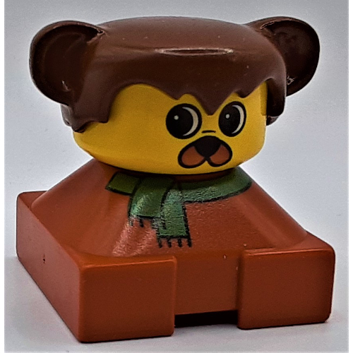 Visuel indicatif Rebrickable de Duplo 2 x 2 x 2 figurine brique, Cheveux avec des oreilles d'ours / chien, visage jaune, motif imprimé écharpe verte (Duplo 2 x 2 x 2 Figure Brick, Hair with Bear / Dog Ears, Yellow Face, Green Scarf Print)