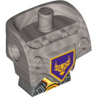 Torse de minifigurine modifié, armure avec trous d'connecteurs avec motif de circuit orange et or #2 et tête de taureau orange sur motif imprimé Bouclier pentagonal violet foncé (Minifig Torso Modified, Armor with Pin Holes with Orange and Gold Circuitry Pattern #2 and Orange Bull Head on Dark Purple Pentagonal Shield Print)