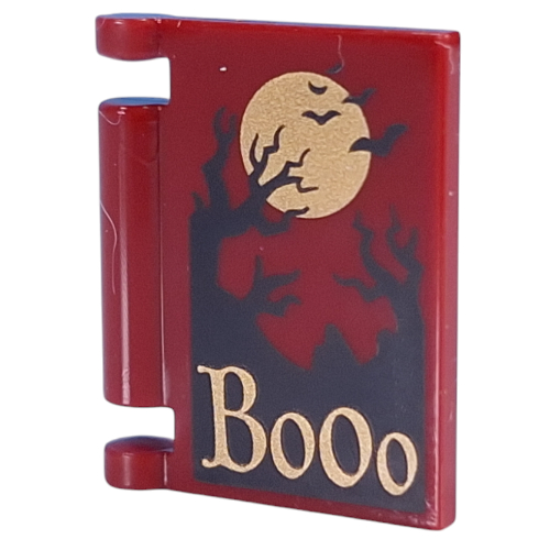 Visuel indicatif Rebrickable de Couverture de livre avec l'or 'Boooo', Silhouettes d'arbre noir, oiseaux, motif imprimé lune (Book Cover with Gold 'Boooo', Black Tree Silhouettes, Birds, Moon Print)