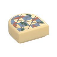 Visuel indicatif Rebrickable de Tuile ronde 1 x 1 demi-cercle avec treillis argenté, motif imprimé vert foncé/bleu sable/orange (Tile Round 1 x 1 Half Circle with Silver Lattice, Dark Green/Sand Blue/Orange Shapes Print)
