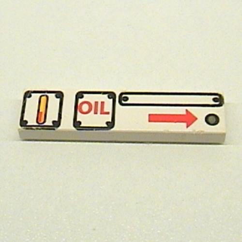 Visuel indicatif Rebrickable de Tuile 1 x 4 avec trois panneaux, motif imprimé 'OIL' et flèche droite (Tile 1 x 4 with Three Panels, 'OIL' and Arrow Right Print)