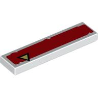 Visuel indicatif Rebrickable de Tuile 1 x 4 avec décalage de triangle noir et jaune clair vif sur motif imprimé rectangle rouge (Tile 1 x 4 with Black and Bright Light Yellow Triangle Offset on Red Rectangle Print)