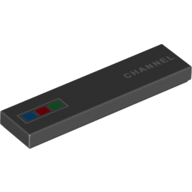 Visuel indicatif Rebrickable de Tuile 1 x 4 avec des carrés bleus, rouges et verts, et un motif imprimé 'CHANNEL' (Tile 1 x 4 with Blue, Red, and Green Squares, and 'CHANNEL' Print)