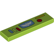 Visuel indicatif Rebrickable de Tuile 1 x 4 avec symbole des ailes blanches, bleu/vert citron/rouge boutons motif imprimé (Tile 1 x 4 with White Wings Symbol, Blue/Lime/Red Buttons Print)