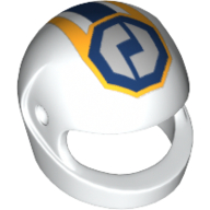 Casque, standard avec logo de l'équipe de course d'engrenages en octogone bleu foncé et motif imprimé à rayures jaunes, blanches et bleu foncé (Helmet, Standard with GEAR Racing Team Logo in Dark Blue Octagon, and Layered Yellow, White, and Dark Blue Stripes Print)