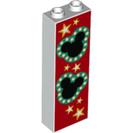 Visuel indicatif Rebrickable de Brique 1 x 2 x 5 avec Mickeys cachés noirs, bordure turquoise foncée, étoiles et motif imprimé fond rouge (Brick 1 x 2 x 5 with Black Hidden Mickeys, Dark Turquoise Border, Stars and Red Background Print)