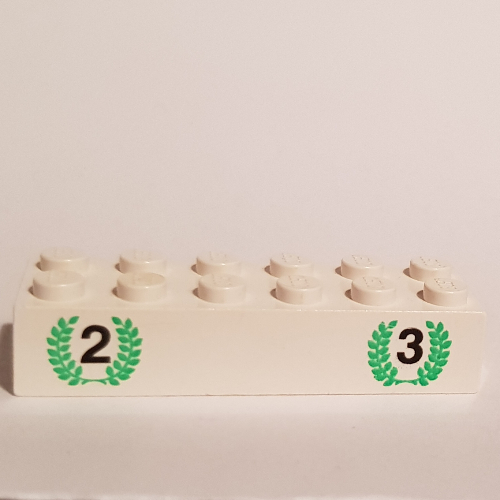 Visuel indicatif Rebrickable de Brique 2 x 6 avec '2' et '3' en Lauriers Verts imprimé (Brick 2 x 6 with '2' and '3' in Green Laurels Print)