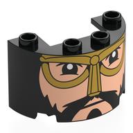 Visuel indicatif Rebrickable de Demi-cylindre 2 x 4 x 2 avec 1 x 2 découpe avec visage de nougat clair, barbe noire, moustache, motif imprimé casque d'or (Cylinder Half 2 x 4 x 2 with 1 x 2 Cutout with Light Nougat Face, Black Beard, Moustache, Gold Helmet Print)