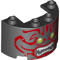 Visuel indicatif Rebrickable de Demi-cylindre 2 x 4 x 2 avec 1 x 2 découpe avec visage, yeux vert olive, dents avec des crocs, motif imprimé de tatouage tribal rouge (Cylinder Half 2 x 4 x 2 with 1 x 2 Cutout with Face, Olive Green Eyes, Teeth with Fangs, Red Tribal Tattoo Print)