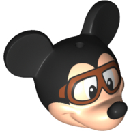 Visuel indicatif Rebrickable de Tête de minifigurine spéciale avec oreilles de souris noires et nez noir, lunettes d'aviateur motif imprimé (Minifig Head Special with Black Mouse Ears and Black Nose, Aviator Goggles Print)