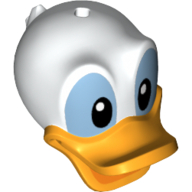 Tête de minifigurine spéciale, canard avec trou sur le dessus, lumineux bec orange clair et noir et bleu moyen yeux motif imprimé (donald) (Minifig Head Special, Duck with Hole on Top, Bright Light Orange Bill and Black and Medium Blue Eyes Print (Donald))