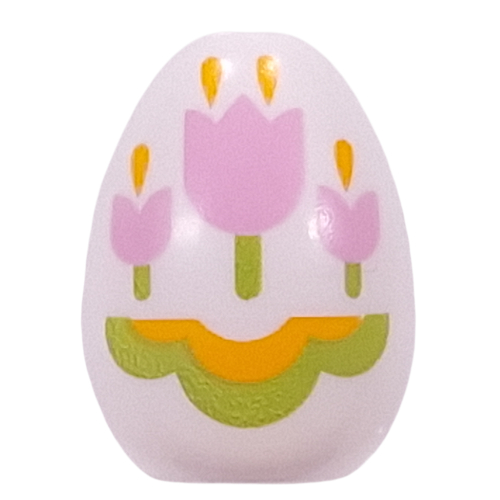 Visuel indicatif Rebrickable de Egguf alimentaire avec trou de 1,5 mm avec tulipes roses brillantes, motif imprimé de décorations orange/vert clair (Food Egg with 1.5mm Hole with Bright Pink Tulips, Bright Light Orange/Green Decorations Print)
