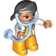 Visuel indicatif Rebrickable de Duplo figurine avec cheveux balancés droit noir, jambes orange clair lumineux, haut blanc avec badge d'identification, bras blancs, stéthoscope attaché (médicament) (Duplo Figure with Hair Swept Right Black, Bright Light Orange Legs, White Top with ID Badge, White Arms, Attached Stethoscope (Medic))