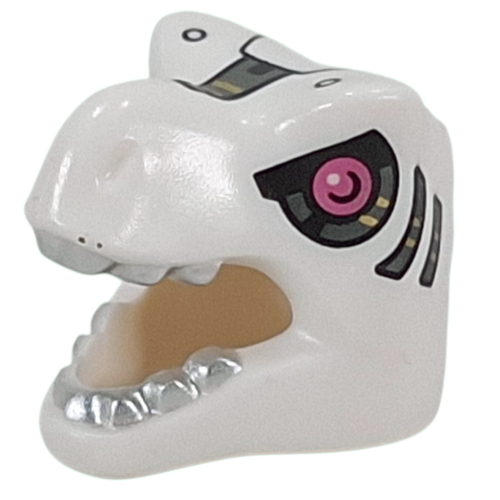 Masque, T-Rex avec dents argentées, œil mécanique, motif imprimé Iris rose métal (Mask, T-Rex with Silver Teeth, Mechanical Eye, Metal Pink Iris Print)