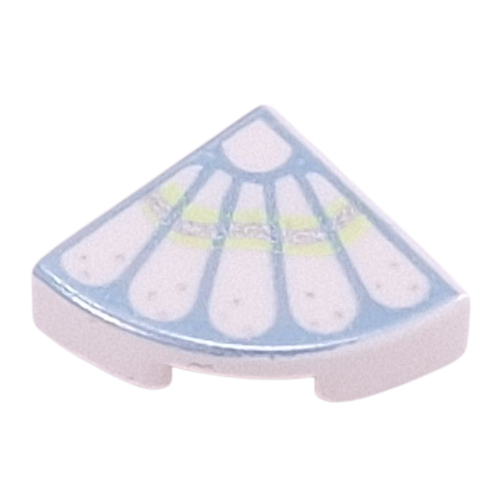 Visuel indicatif Rebrickable de Tuile ronde 1 x 1 trimestre avec plumes sur fond bleu métal, motif imprimé bande vert jaunâtre / argent (Tile Round 1 x 1 Quarter with Feathers on Metal Blue Background, Yellowish Green / Silver Band Print)