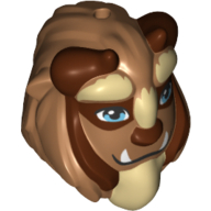 Masque Bête avec des cornes brun rougeâtre, yeux bleus, crocs et barbe beige, motif imprimé yeux étroits (Mask Beast with Reddish Brown Horns, Blue Eyes, Fangs and Tan Beard, Narrow Eyes Print)