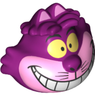 Tête de minifigurine spéciale avec 2 oreilles sur le dessus, yeux jaunes, et sourire de chat Cheshire dans le motif imprimé museau rose clair (Minifig Head Special with 2 Ears on Top, Yellow Eyes, and Cheshire Cat Grin in Bright Light Pink Muzzle Print)