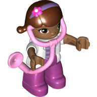 Visuel indicatif Rebrickable de Duplo figurine avec des cheveux brun rougeâtre avec bandeau violet avec fleur, et Nougat moyen visage et mains, et les jambes magenta, avec stéthoscope (Doc McStuffins) (Duplo Figure with Reddish Brown Hair with Purple Headband with Flower, and Medium Nougat Face and Hands, and Magenta Legs, with Stethoscope (Doc McStuffins))