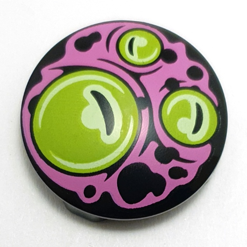 Visuel indicatif Rebrickable de Plaque ronde 2 x 2 avec fond arrondi avec yeux étrangers de vert citron, motif imprimé de tourbillons rose foncé (Plate Round 2 x 2 with Rounded Bottom with Lime Alien Eyes, Dark Pink Swirls Print)