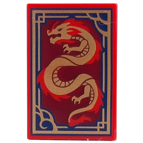 Visuel indicatif Rebrickable de Tuile 2 x 3 avec dragon doré/rouge, motif imprimé bordure bleu foncé/or (Tile 2 x 3 with Gold/Red Dragon, Dark Blue/Gold Border Print)