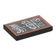 Visuel indicatif Rebrickable de Tuile 2 x 3 avec tableau noir, cadre en bois brun rougeâtre, 'Special', poisson, menu imprimé (Tile 2 x 3 with Black Chalkboard, Reddish Brown Wooden Frame, 'Special', Fish, Menu Print)