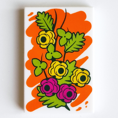 Visuel indicatif Rebrickable de Tuile 2 x 3 avec la peinture orange, magenta et fleurs jaunes, feuilles de vert citron (peinture) motif imprimé (Tile 2 x 3 with Orange Paint, Magenta and Yellow Flowers, Lime Leaves (Painting) Print)
