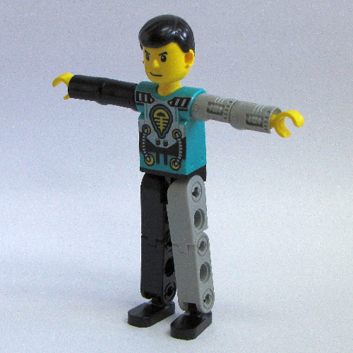 Figurine Technic Pieds noirs/gris clair, torse turquoise foncé avec motif imprimé jaune, noir, argent, bras gauche mécanique gris clair (Technic Figure Black/Light Gray Legs, Dark Turquoise Torso with Yellow, Black, Silver Print, Light Gray Mechanical Left Arm)