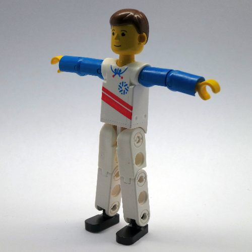 Visuel indicatif Rebrickable de Figurine Technic jambes blanches, haut blanc à rayures rouges imprimé, bras bleus [skieur] (Technic Figure White Legs, White Top with Red Stripes Print, Blue Arms [Skier])