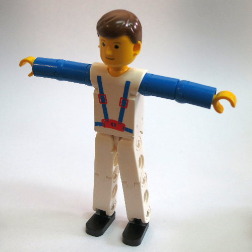 Visuel indicatif Rebrickable de Figurine Technic jambes blanches, haut blanc avec bretelles bleues motif imprimé, bras bleus (Technic Figure White Legs, White Top with Blue Braces Print, Blue Arms)