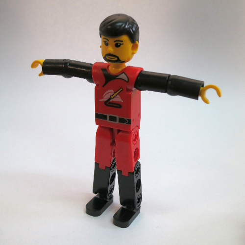 Visuel indicatif Rebrickable de Figurine Technic jambes rouges/noires, haut rouge, cheveux noirs [pompier] (Technic Figure Red/Black Legs, Red Top, Black Hair [Fireman])