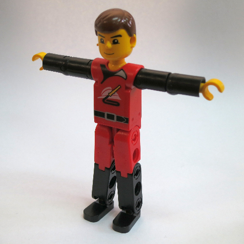 Visuel indicatif Rebrickable de Figurine Technic jambes rouges/noires, haut rouge, cheveux bruns [pompier] (Technic Figure Red/Black Legs, Red Top, Brown Hair [Fireman])
