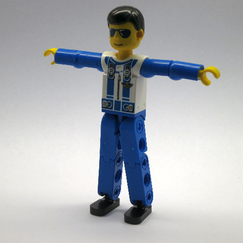 Technic figurine Jambes bleues, haut blanc avec motif imprimé Zip & Épaule Harnais, Bras bleus (Technic Figure Blue Legs, White Top with Zip & Shoulder Harness Print, Blue Arms)