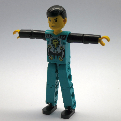Visuel indicatif Rebrickable de Figurine Technic jambes turquoise foncé, torse turquoise foncé avec motif imprimé jaune, noir, argent, bras noirs (Technic Figure Dark Turquoise Legs, Dark Turquoise Torso with Yellow, Black, Silver Print, Black Arms)