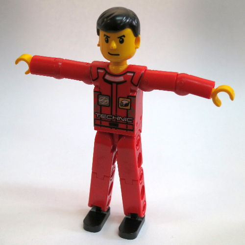 Visuel indicatif Rebrickable de Figurine Technic Jambes rouges, haut rouge avec logo Technic et cheveux noirs (Technic Figure Red Legs, Red Top with Technic Logo and Black Hair)