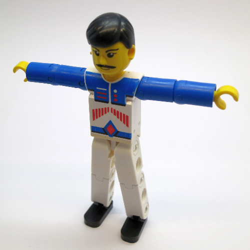 Visuel indicatif Rebrickable de Figurine Technic jambes blanches, haut blanc avec motif imprimé de rayures de flèches rouges, bras bleus (Technic Figure White Legs, White Top with Red Arrow Stripes Print, Blue Arms)