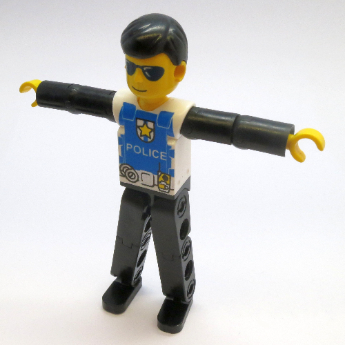 Figurine Technic jambes noires, haut blanc avec logo de police, bras noirs (Technic Figure Black Legs, White Top with Police Logo, Black Arms)