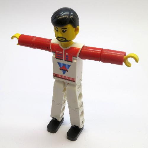Visuel indicatif Rebrickable de Technic figurine Pieds blancs, haut blanc avec gilet rouge, bras rouges, cheveux noirs (Technic Figure White Legs, White Top with Red Vest, Red Arms, Black Hair)