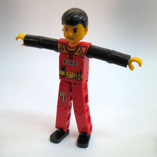 Visuel indicatif Rebrickable de Figurine Technic jambes rouges, haut rouge avec motif imprimé feu, bras noirs [pompier] (Technic Figure Red Legs, Red Top with Fire Print, Black Arms [Fireman])