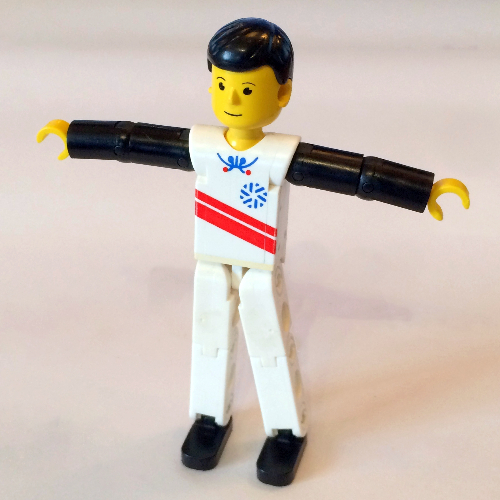 Visuel indicatif Rebrickable de Figurine Technic jambes blanches, haut blanc avec rayures rouges motif imprimé, bras noirs, casque blanc (Technic Figure White Legs, White Top with Red Stripes Print, Black Arms, White Helmet)