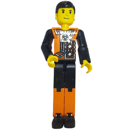 Visuel indicatif Rebrickable de Figurine Technic jambes orange/noir, torse orange avec motif imprimé argent, bras noirs, cheveux noirs (Technic Figure Orange/Black Legs, Orange Torso with Silver Print, Black Arms, Black Hair)